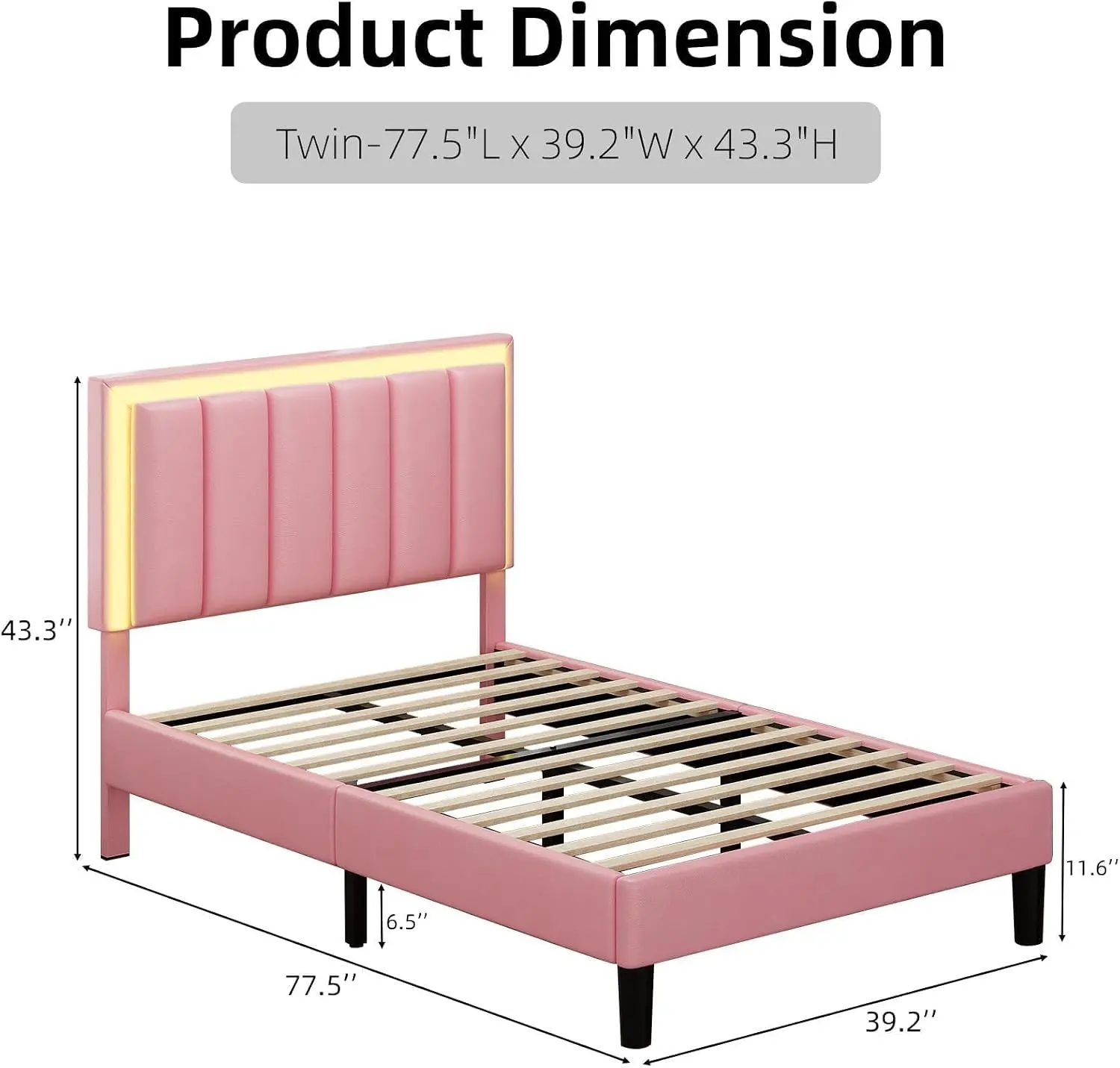 Pink Upholstered PU Leather Headboard Twin Platform Bed 60000 Plus RGB Colors App Control Sturdy Frame No Box Spring Needed Easy