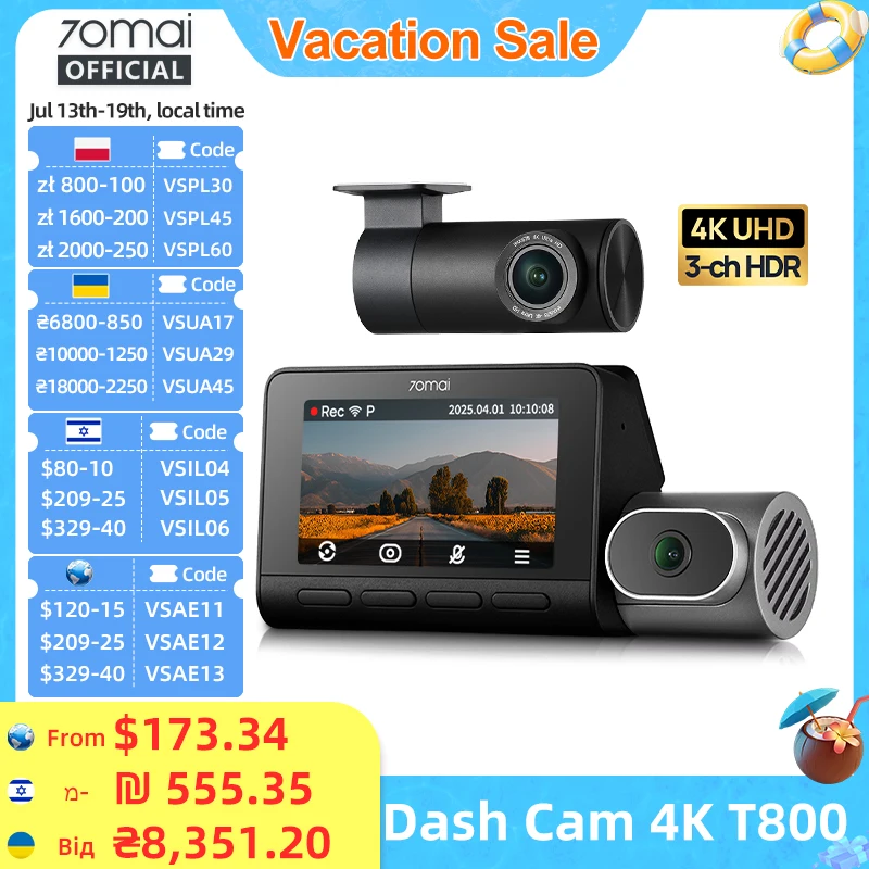 70mai ダッシュカム 4K T800 4Gモジュール UP04 スーパーキャパシタ 3チャンネル HDR Wifi 6 GPS リモートコントロール リアルタイムアラート 70mai T800