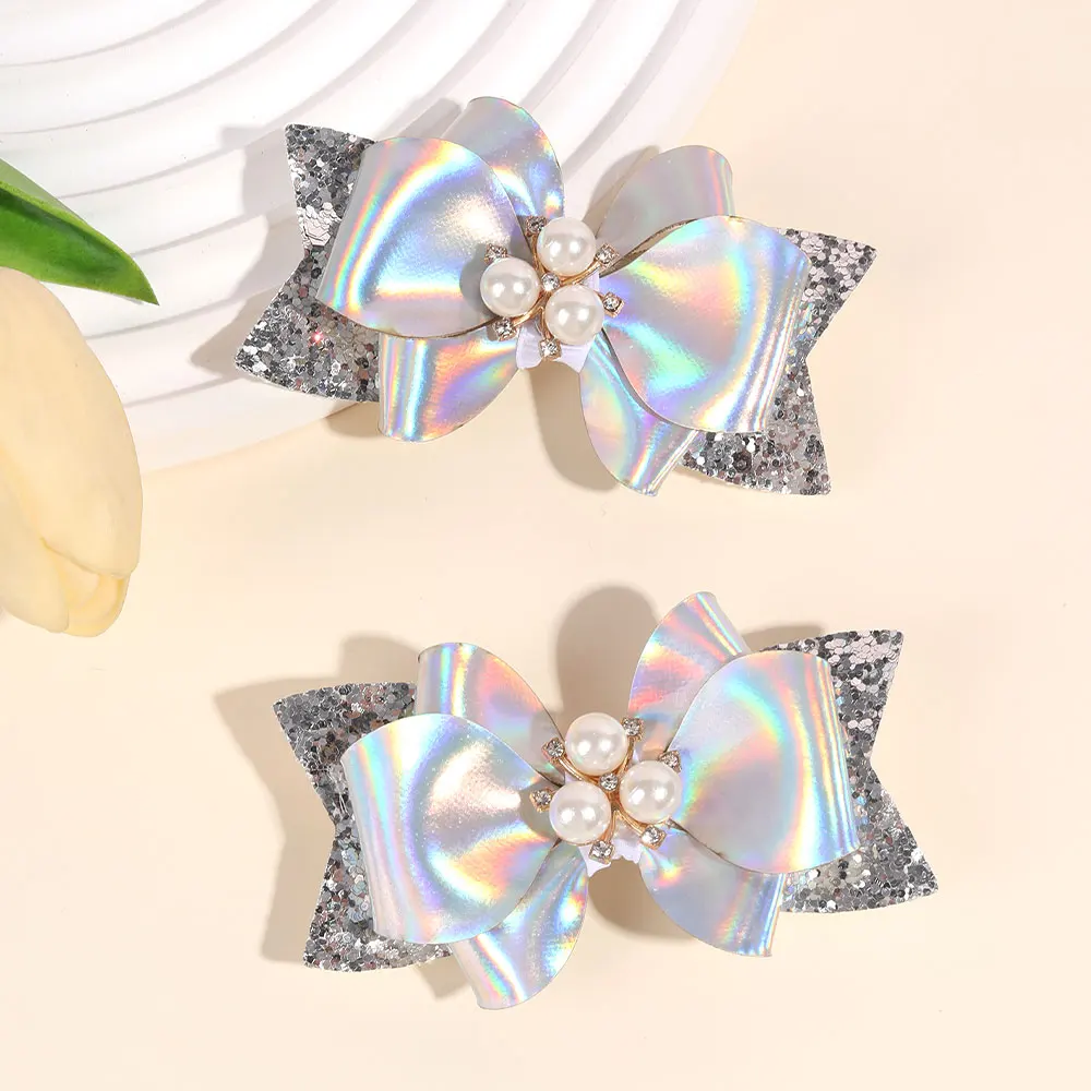 2pcs PU Leather Bows Hair Clip Girls Glitter Bowknot Hairpins Barrettes Boutique Hairgrips Pearl Headwear Hair Accessories