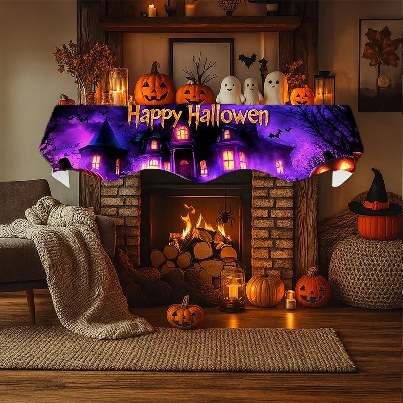 VIKAMA Halloween Fireplace Mantel Scarf Haunted House Bat Mantel Topper Spooky Fireplace Shelf Cover Fall Home Party Decor