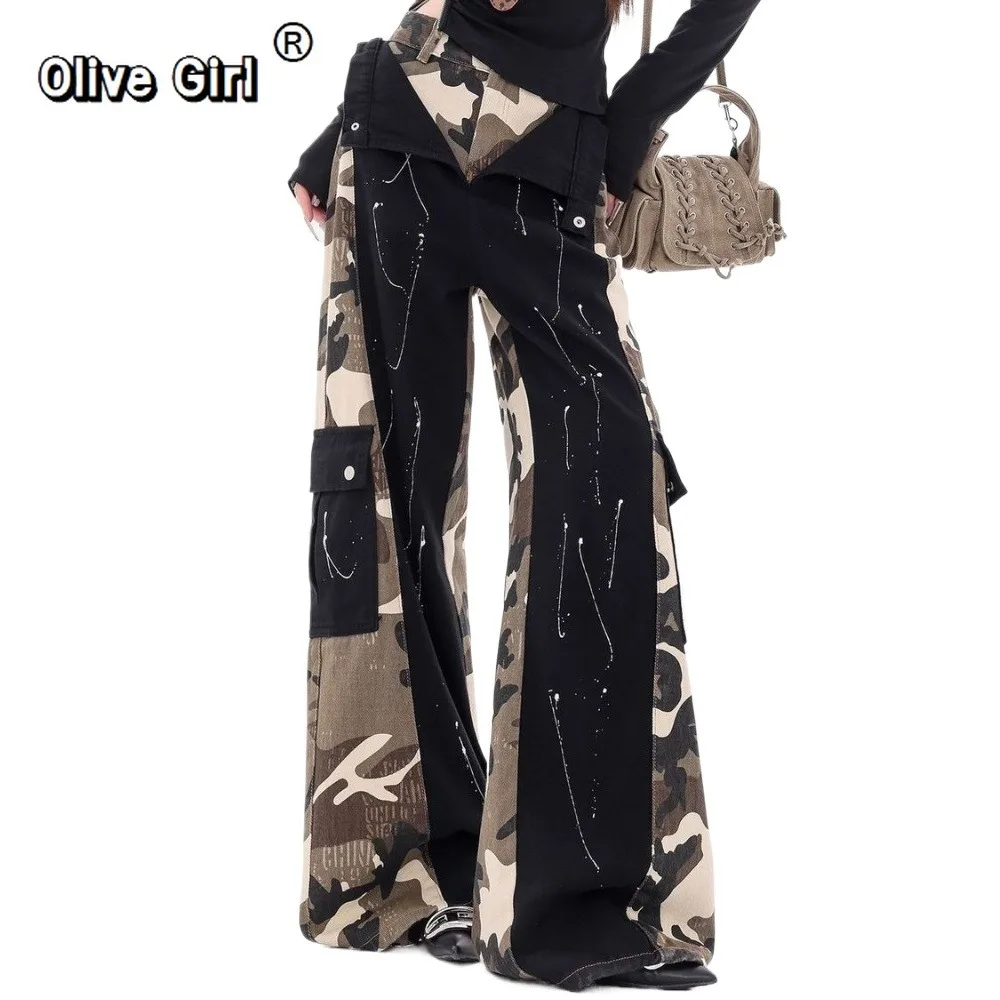 Olivegirl Women's Jeans Denim Vibe Spliced Camouflage Pants Women's Wide Leg Trousers Plus Size Sweet Cool Hot Sweet Girl