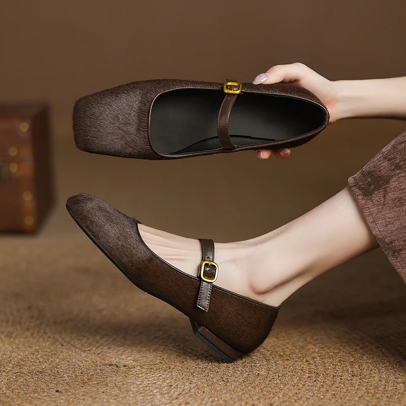 

Genuine Leather Horsehair+Cowhide Mary Janes Shoes,Square Toe Low heel Shallow Belt Buckle High Heels,Large Size Womens Shoes