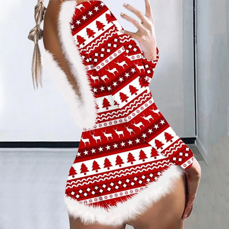 

Christmas Print Fur One Piece Romper Women 2023 Winter Fashion Backless Long Sleeve V-neck Button Sleepwear Party Playsuit