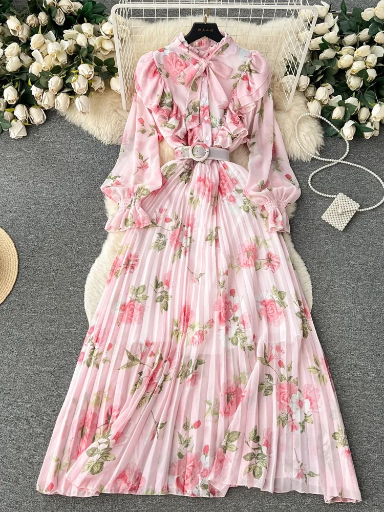 

Fashion New Vintage Dress Women Flower Print Dress Female Slim Chiffon With Dress Holiday Long Casual Pleated Skirt Lady Rober