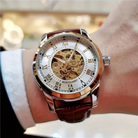 Elegant Men's Automatic Mechanical Watch with Skeleton - Leather Strap, Roman Numeral Dial, Automatic Movement, Ideal for Business and Casual Clothing, Young Men, Business Casual Men's Watch | Skeleton Watch Hollow Design | Durable Watches, Watch Accessories, No Batteries