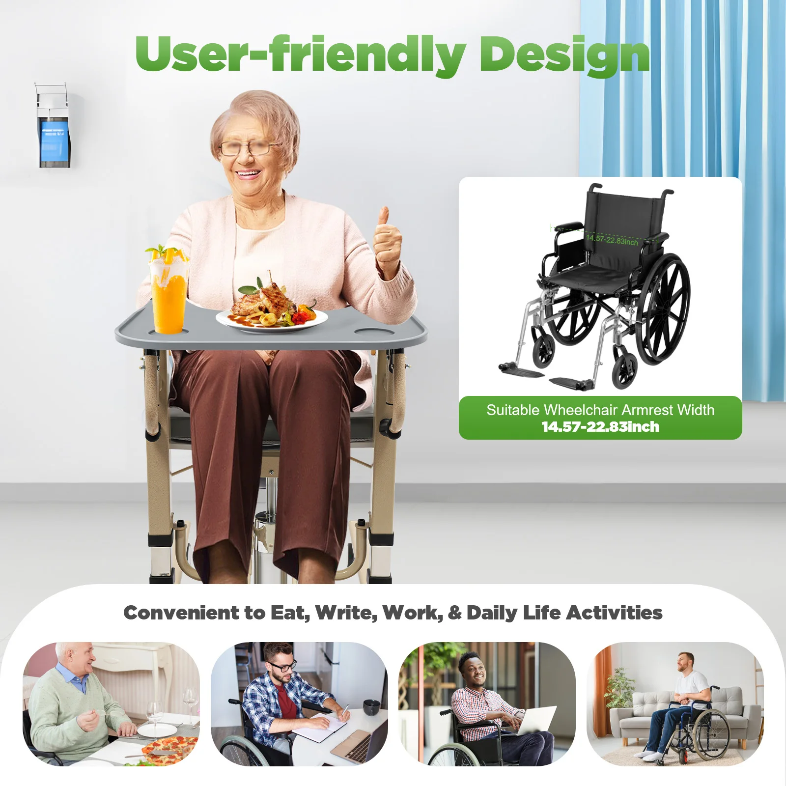 Wheelchair Tray Table with 2 Cup Holders Wheelchair Dining Table Board Wheelchair Desk Tray for Home Elderly Wheelchair Lap Tray