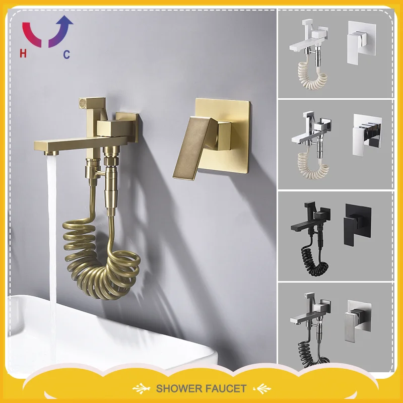 Brushed Gold Basin Faucet Bathroom Sink Faucet Wall Mounted Brass Single Handle Hot and Cold Tub Faucet with Handheld Sprayer