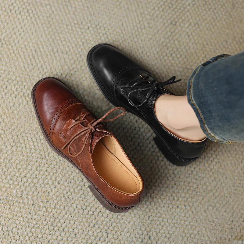 2026 new spring autumn women pumps natural leather plus size 22-26.5cm cowhide+pigskin round toe lace-up loafers women shoes