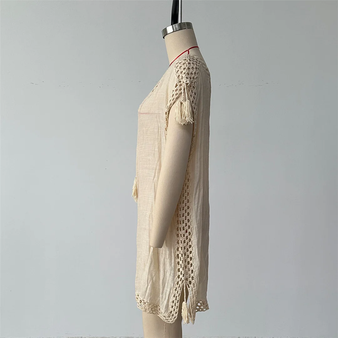 Ausgehöhlte, kurzärmelige, einfarbige, gehäkelte, gestrickte Tunika, Strand-Überwurf, Strandkleid, Strandbekleidung, Damenmode V8480 – Detail 8