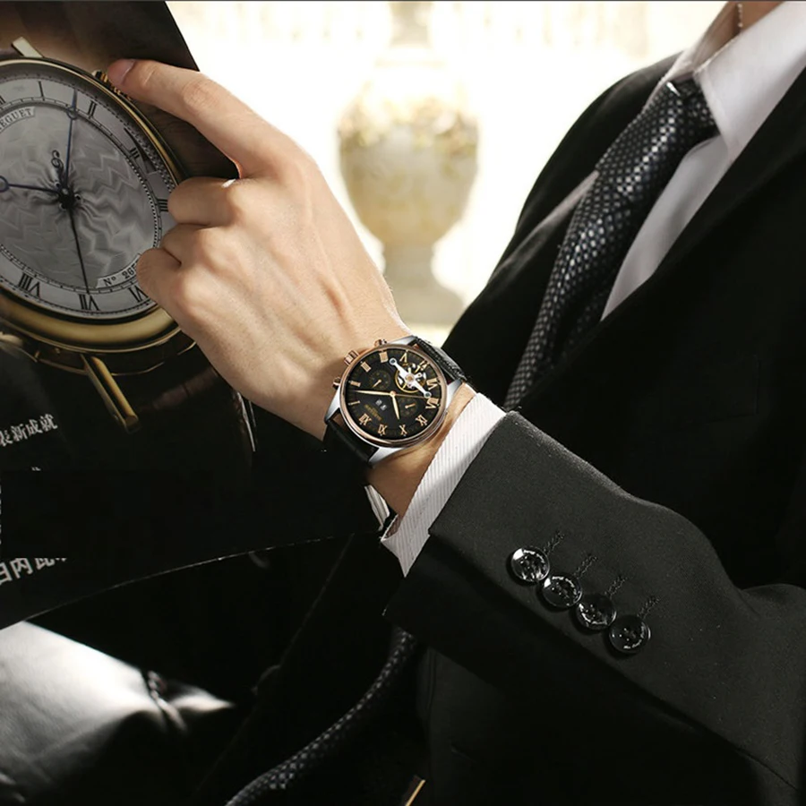 ساعة ميكانيكية متعددة الوظائف من KINYUED، ساعة رجالية أوتوماتيكية دولاب الموازنة، ساعة ميكانيكية لمرحلة القمر، ساعة رجال الأعمال