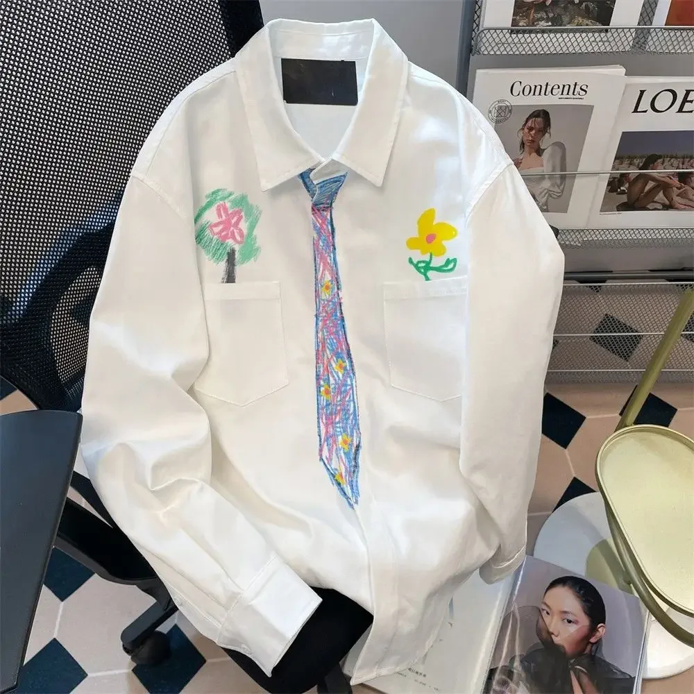 

Personalized Graffiti Hand Drawn Tie Shirts Harajuku Men Couples Baggy Oversize Long Sleeve White Shirts Long Sleeve Polo Collar