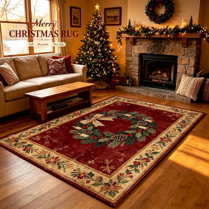 VIKAMA Christmas Wreath Clock Patterned Carpet, Anti Slip Retro Soft Carpet, Living Room, Bedroom, Indoor Home Decoration