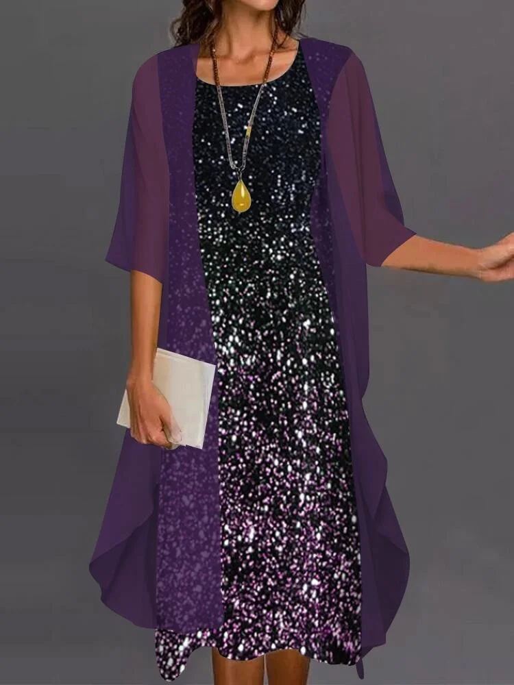 Mode Frauen Kleid Sommer Ärmel Oansatz Druck Lose Party Kleider + Strickjacke Schal Elegante Casual Dame Zwei Stück Set Kleid