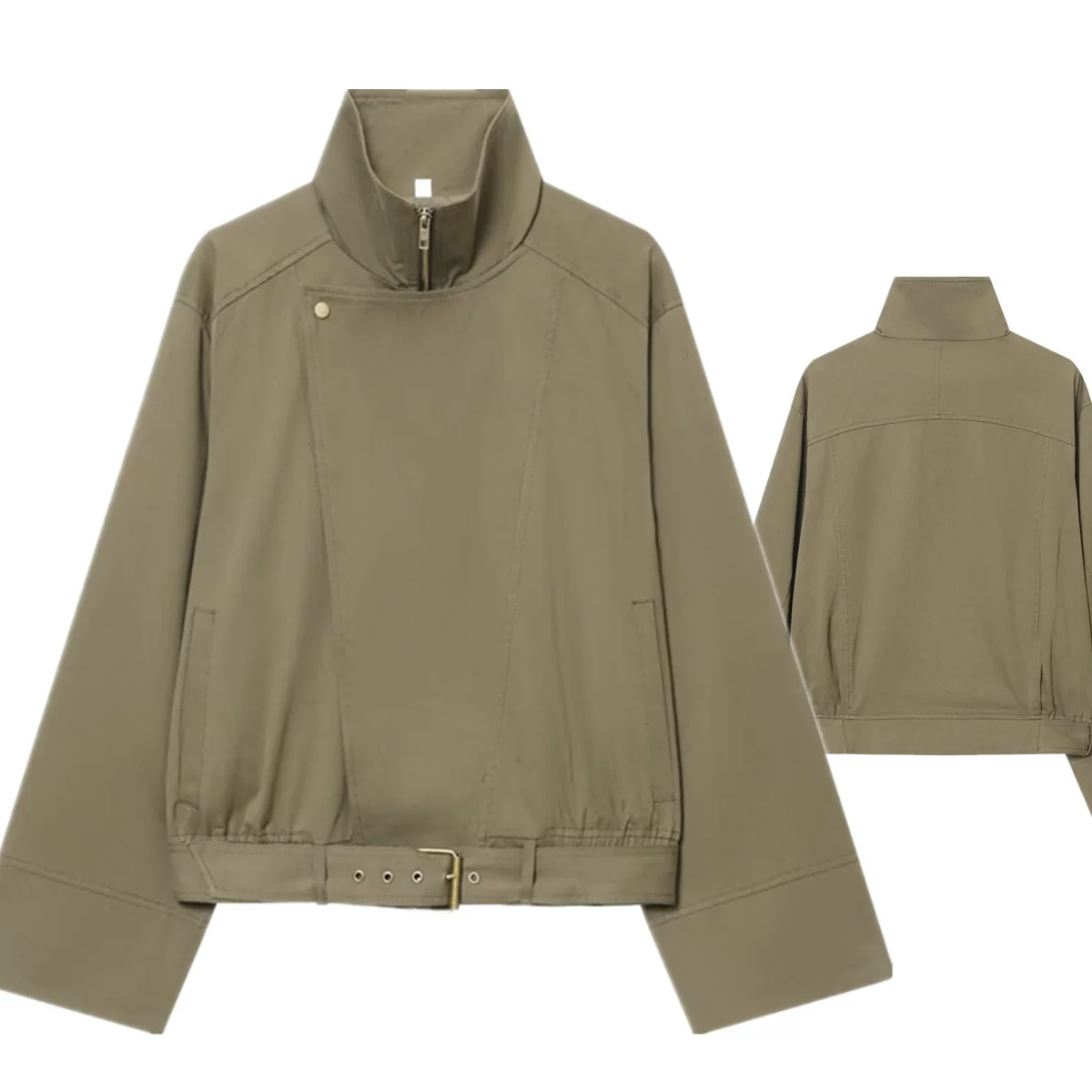 

Dave&Di 2026 Fashion Woman Clothing Minimalist Khaki Turtleneck Cargo Jacket Asymmetrical Bomber Jacket Winter Coat Tops