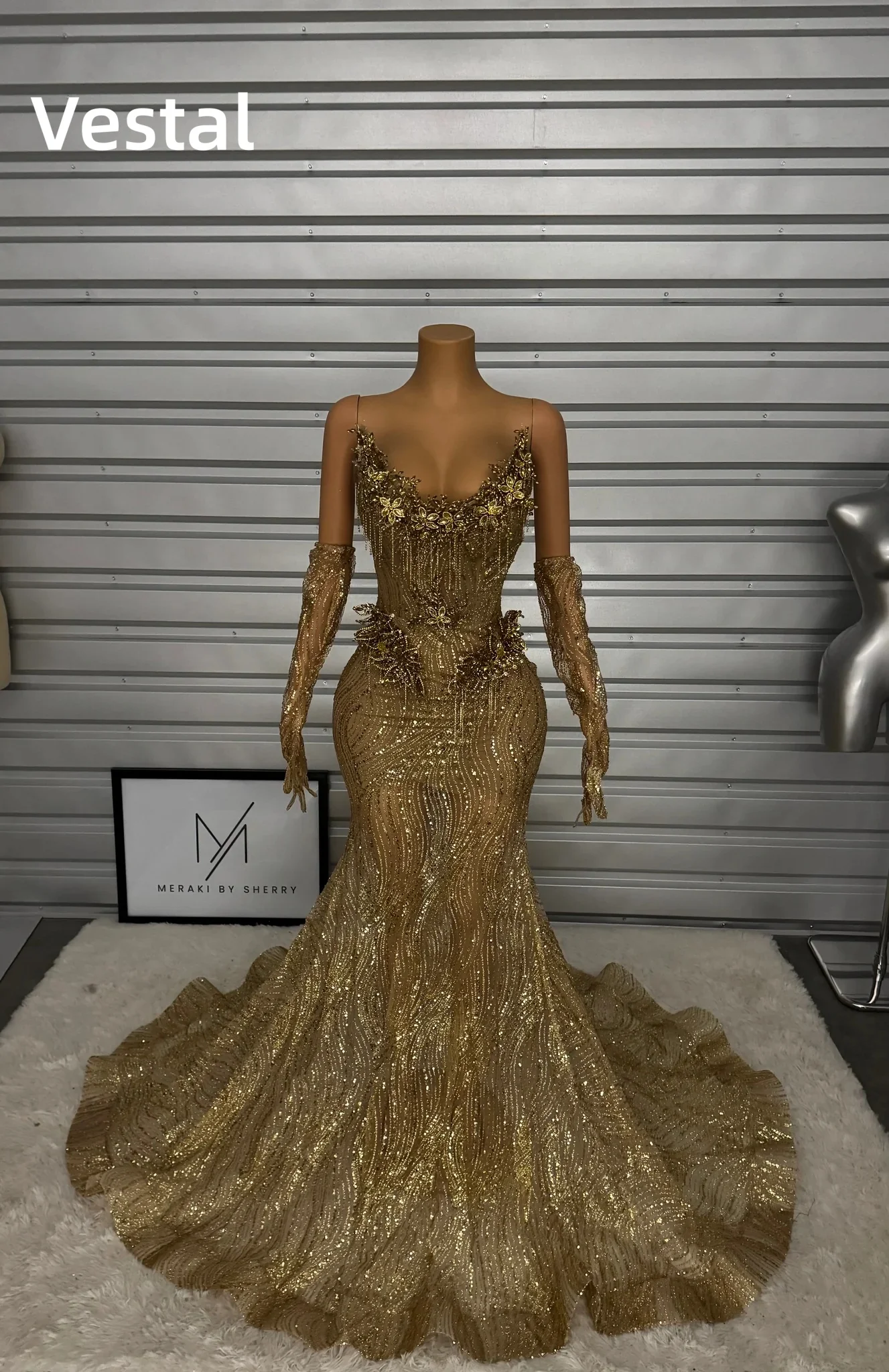 Vestal Stunning Gold Glitter Mermaid Prom Dress With Cape Sheer Neck Beaded Fringe Formal Evening Gown Customized