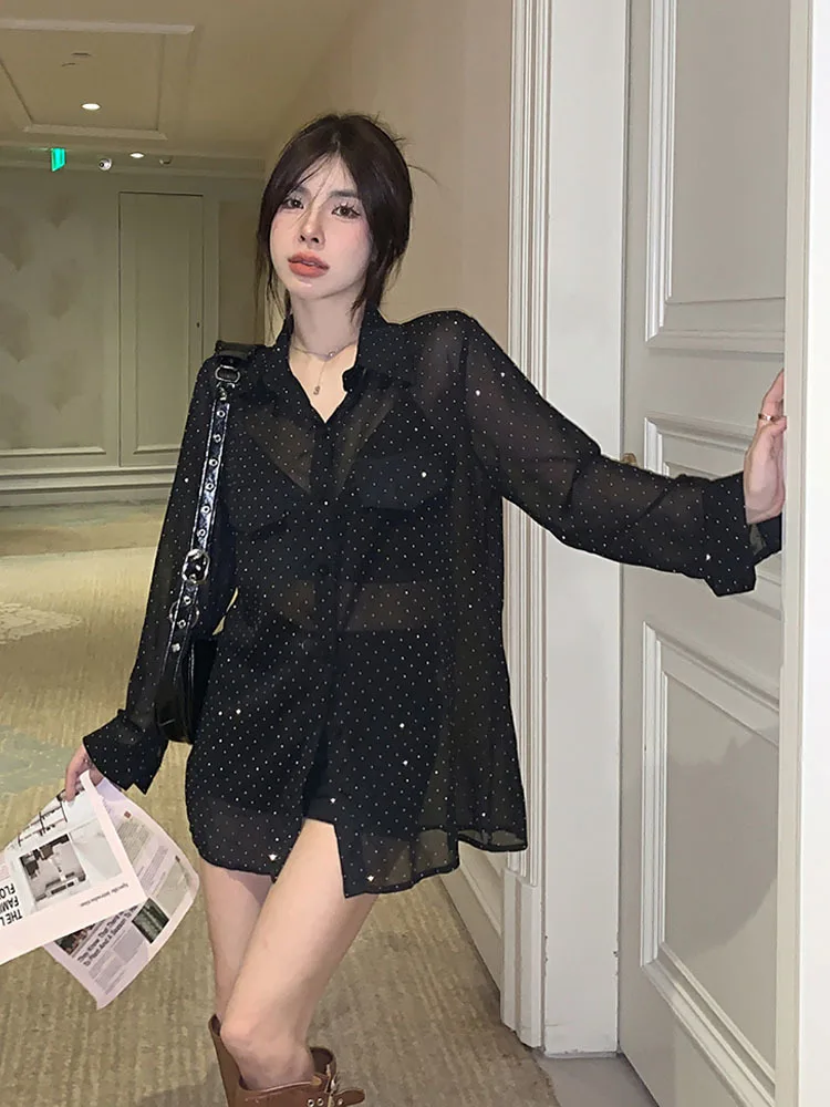 Sexy Women\'s Blouses Black Basic Fashion Cardigan See Through Top Long Sleeve Shirts Summer Beach Outing Female Loose