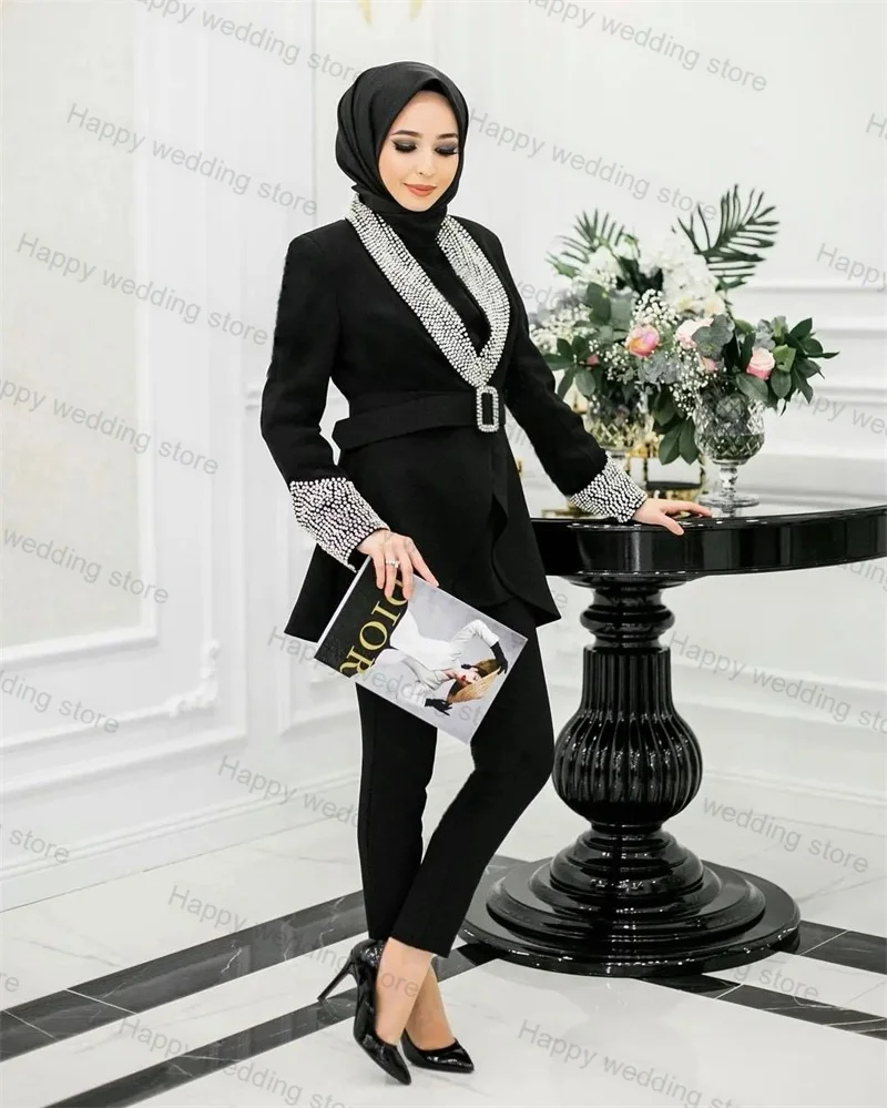 Luxury Crystals Women Suit Set 2 Piece Blazer With Belt+Pants Single Breasted Wedding Jacket Trousers Customize Prom Dress