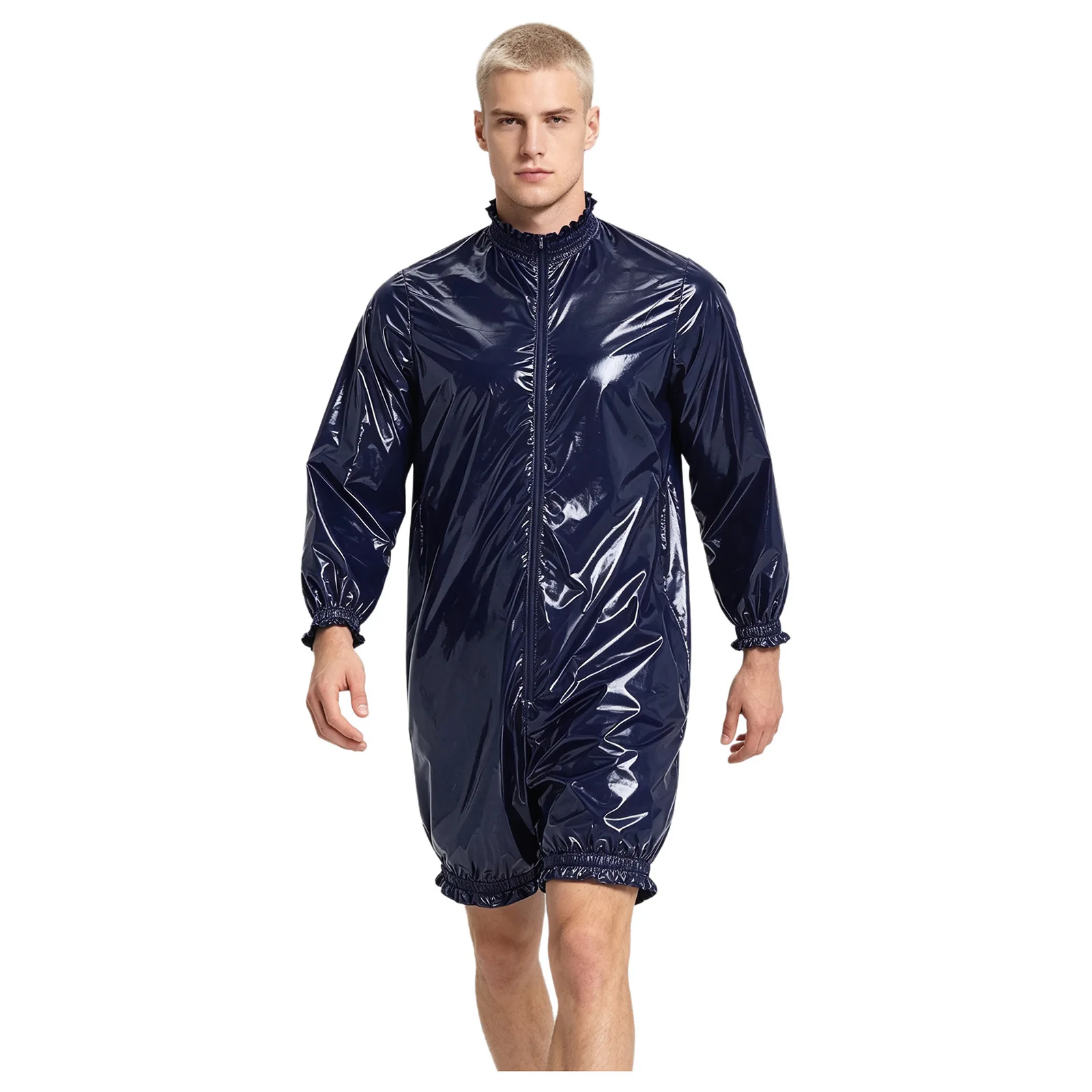 Herren Wasserdichter Vinyl-Bodysuit Badeanzug Langarm Vorderer Reißverschluss Kurze Hose Leotard Overall Gerüschter Windelüberzug Einteiler – Detail 11