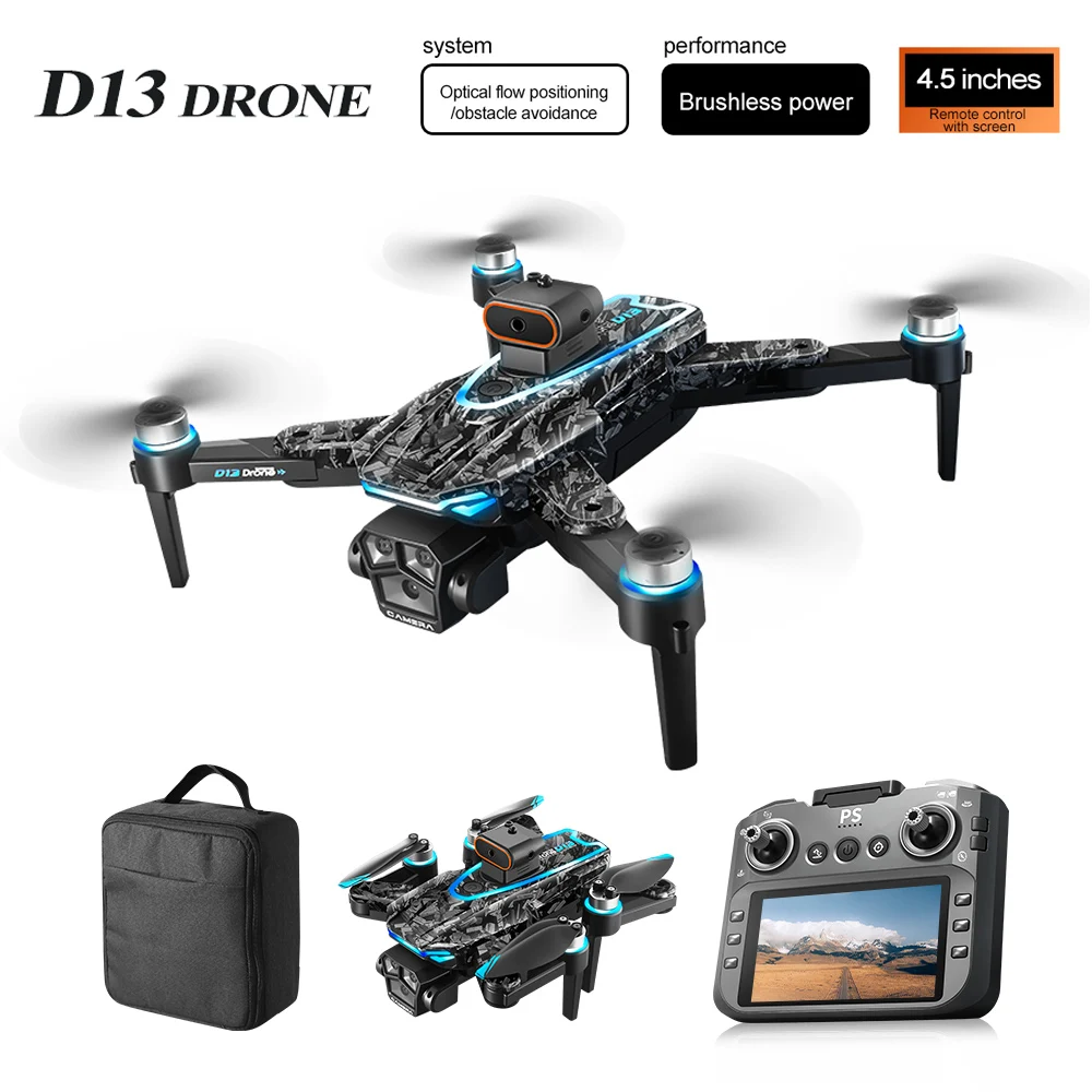 D13 Drone 4K Professional HD Three Camera Photography Brush Optical Stream Positioning FPV Foldable Large Screen RC Quadcopter