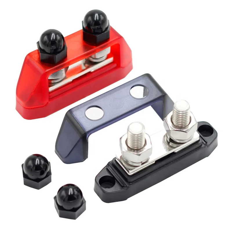 Busbar Dual 5/16inch Studs and #8 Screw Terminal Power Distribution Block with Ring Terminals Pair Red & Black