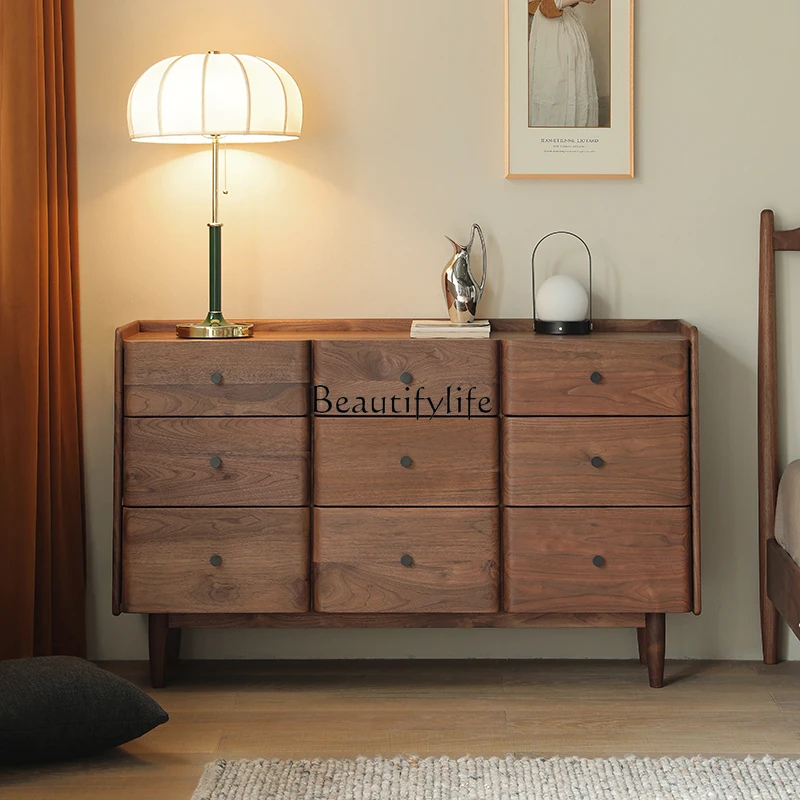 Modern simple log wind solid wood bedroom bed storage low cabinet Japanese light luxury living room storage drawer chest cabinet