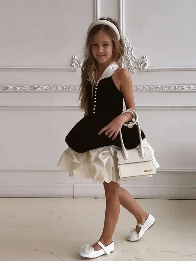 Puffy Flower Girl Dress Off Shoulder Black Bow White A-Line Dress For Kids Cute Ruffles First Communion Birthday Party Gown