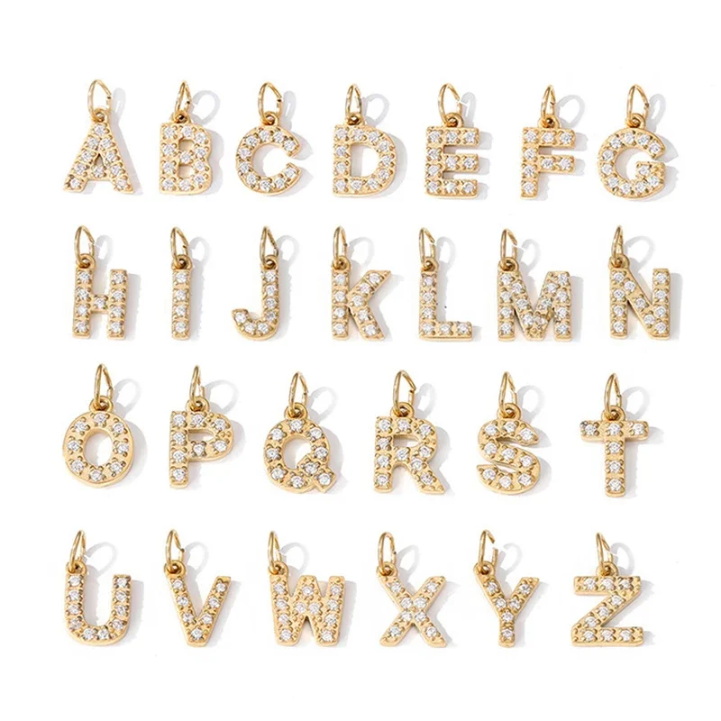 Stainless Steel Gold Plated Cz Cubic Zirconia Alphabet A-Z Initial charm Letter pendant for Necklace Bracelet