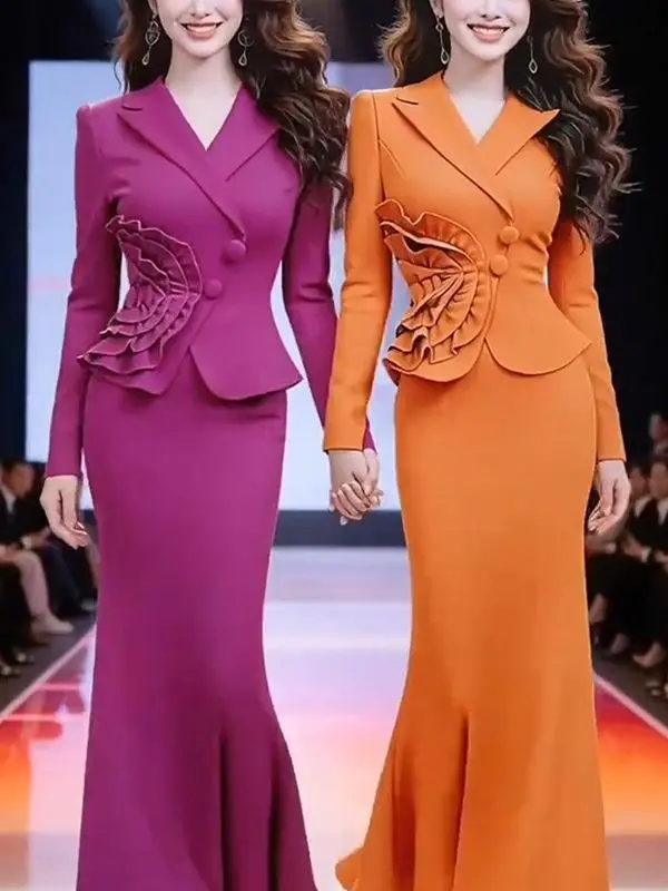 New Fashion Autumn Women's Suit Ruffles Splic Lapel Long Sleeve Slim Short Blazer + Hihg Waist Long Mermaid Skirt Two Piece Set