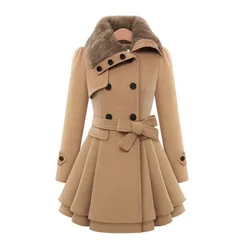 Women's Autumn Winter Slim Long Wool Sherpa Coats Double Breasted Padded Blends Jackets Solid Cashmere Coat England Style Trench
