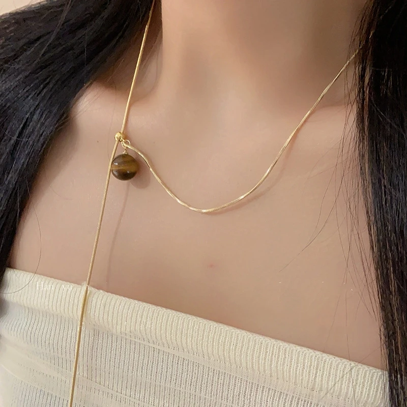 Minimalist Stone Gold Color Snake Bone Long Drawstring Sweater Chain Fashion Vintage Necklace for Women Girls Aesthetic Jewelry