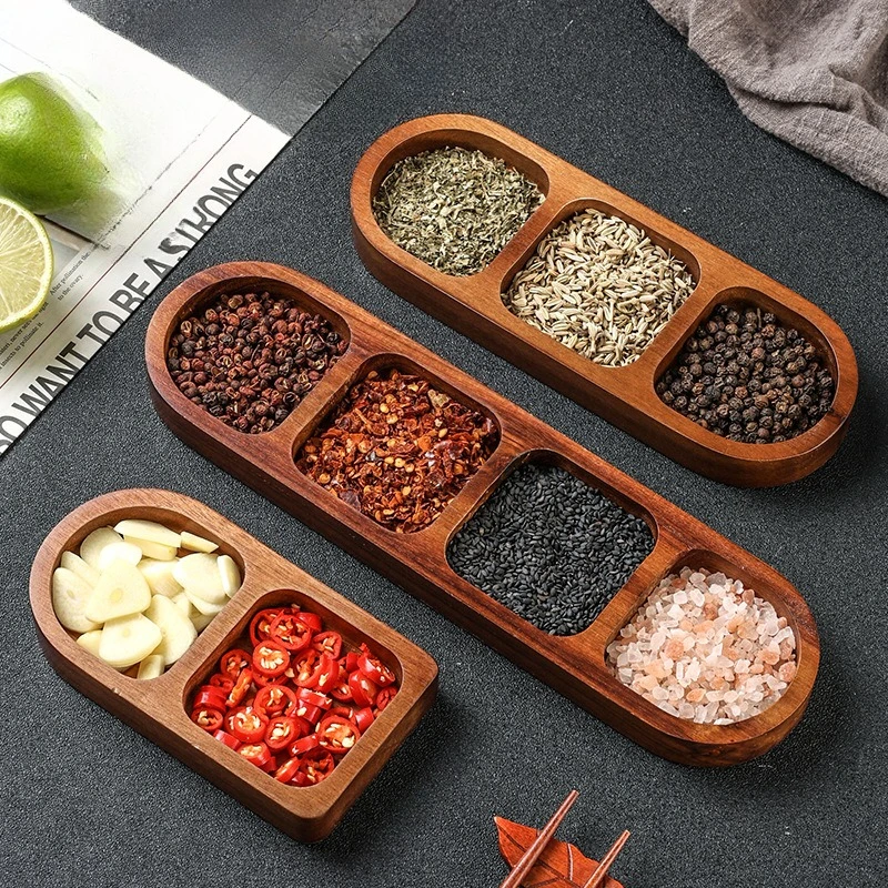 

Solid Wood Rectangle Tray 2/3 Grid Condiment Plate Breakfast Food Sushi Bread Dessert Sauce Plate Kitchen Dinner Seasoning Dish