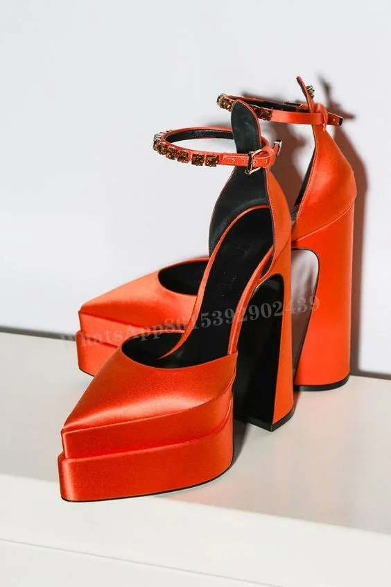 

Velvet Satin Bright Colors Fretwork Heels Women Sexy Pointed Platform Crystal Buckle Sandals Shallow Bling Hollow Design Shoes