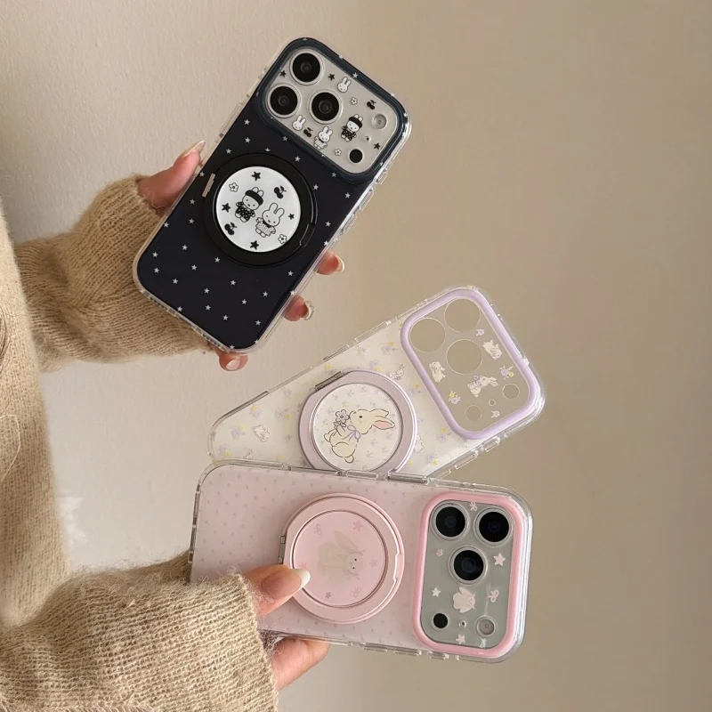Korean Cute Miffy Rabbit Polka Dot Phone Case For iPhone 17 Pro 16 15 Pro Max Cover with Stand Shockproof Cases For Apple 16 Pro