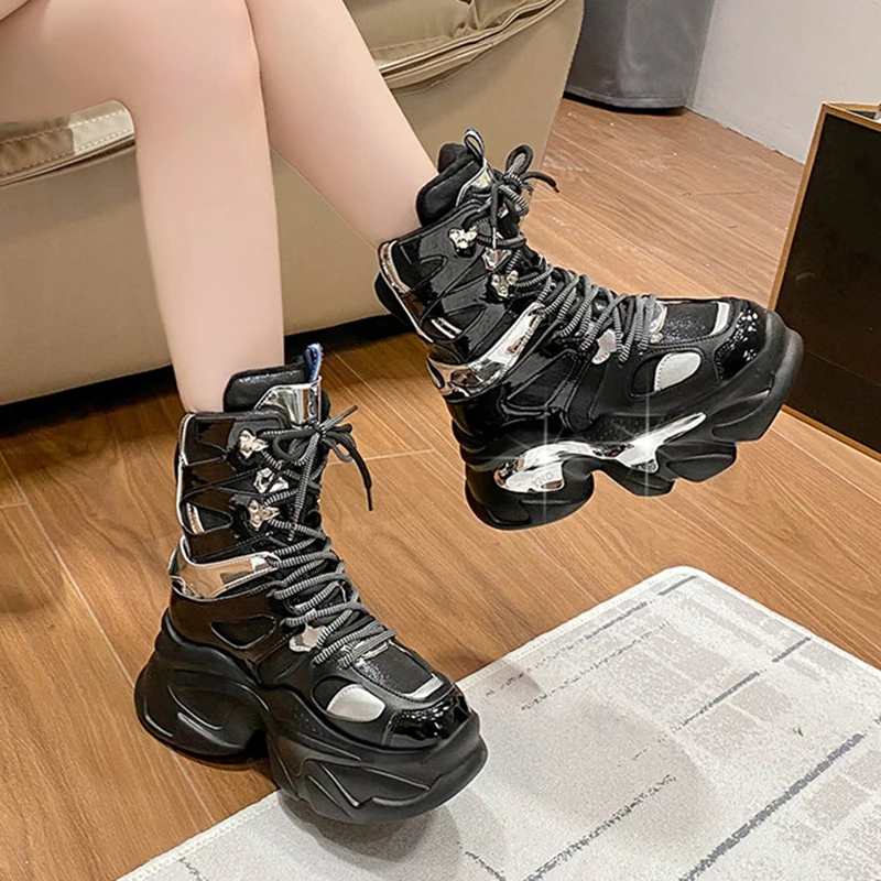 Lucyever Fashion Women Chunky Platform Motorcycle Boots 2022 Lace Up Thick Bottom Ankle Botas Mujer High Top Punk Sneaker Shoes