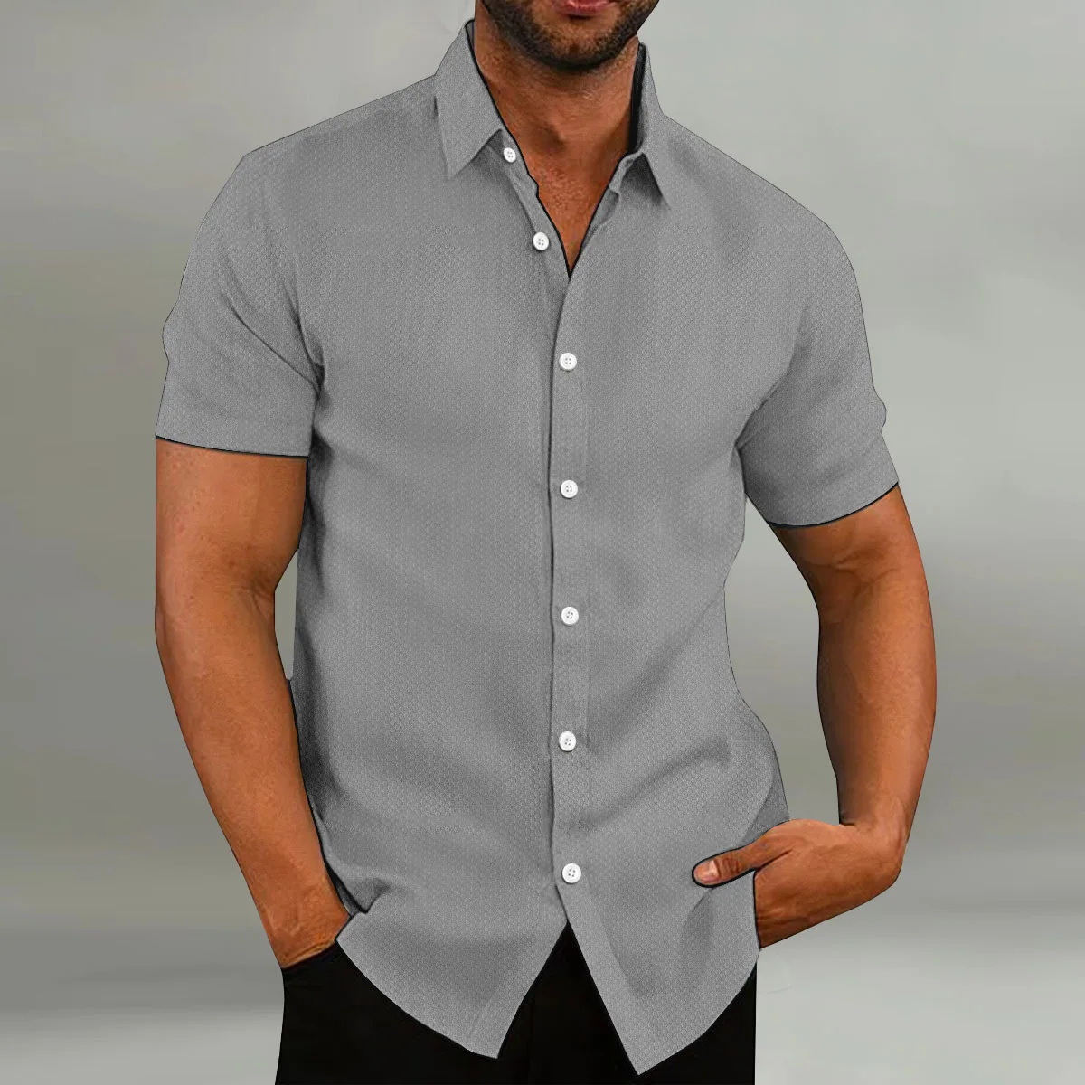 

2025 New Style Men's Fashion Summer Casual Breathable Collar Solid Color Short-Sleeved Shirt