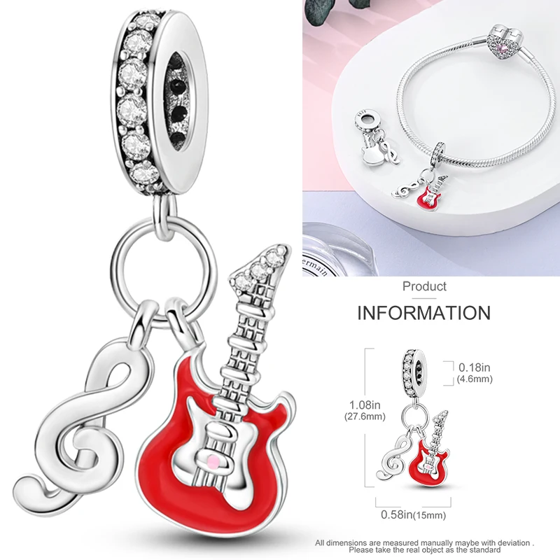 2026 Neuer Musik-Charm aus 925 Sterling Silber, Musiknoten-, Kopfhörer- und Gitarren-Anhänger, passend für europäische Armbänder, DIY-Geschenk für Frauen – Detail 13