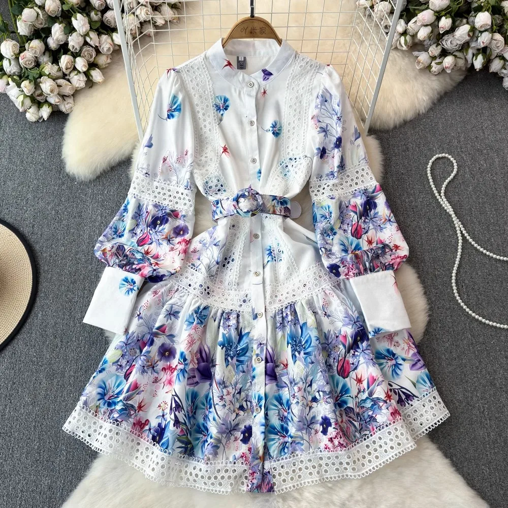 New Spring Summer Women Singel Breasted Mini Dress Lantern Long Sleeves Boho Sashes Vintage Fashion Lady Floral Print Lace Robe