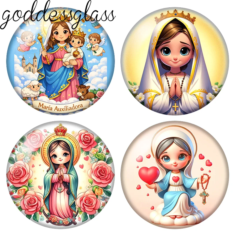 Cabujón de cristal redondo con diseño de la Virgen María, 10 unidades, 12mm/18mm/20mm/25mm, parte trasera plana, para fabricación de joyas