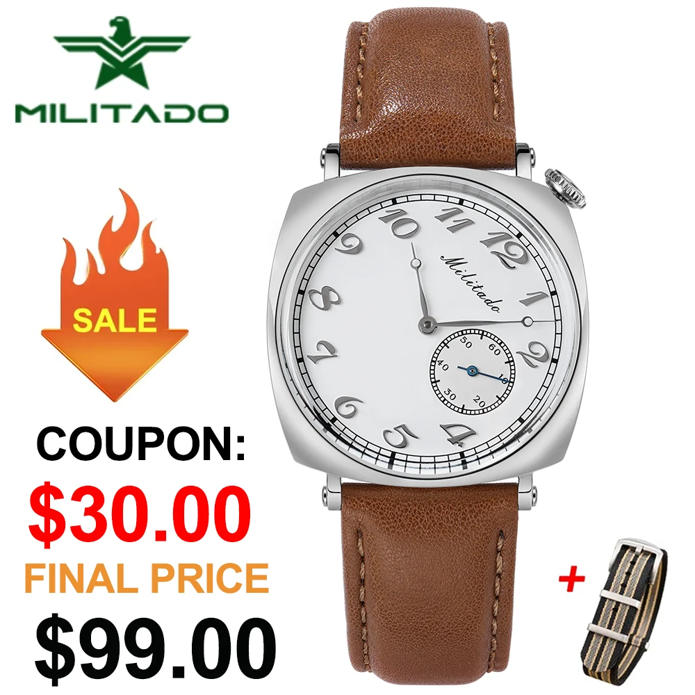 Militado 36mm Watch Stainless Steel ST1701K Mechanical Movement Watches 100m Waterproof Retro Luxury Leather Men Wristwatch