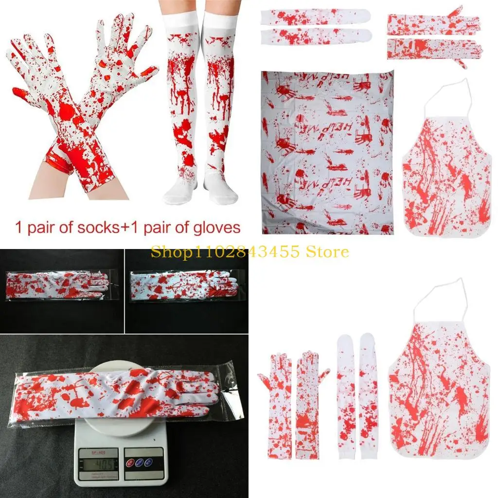 49MC Spooky Bloody Tablecloth with Long Gloves Scary Ladies Cosplay Halloween Party Apron&Stocking Carnivals Costume