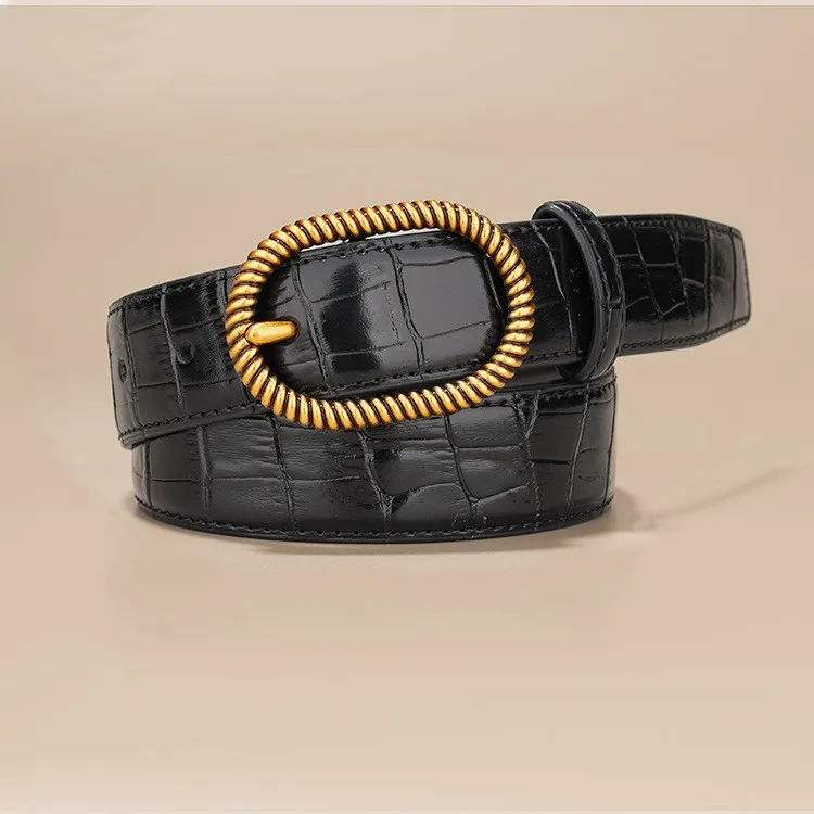 

New style women's belt, crocodile pattern cowhide retro pin buckle belt, fashionable and versatile genuine leather belt