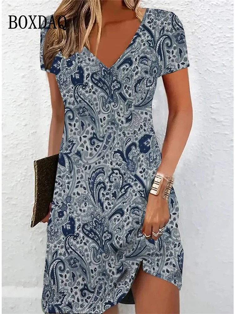 Vintage Women Midi Dresses For 2024 Ethnic Style Floral Print Loose Dress Plus Size Casual Short Sleeve Pullover V-Neck Dress