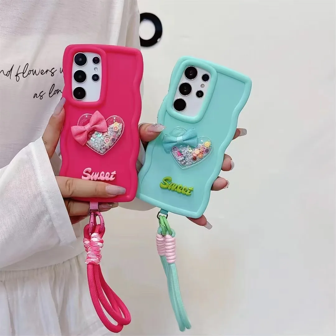 Quicksand Heart Bow Wave Phone Case for Samsung Galaxy M34 M54 M15 M55 F02S F04 F12 F23 F14 F34 Wristband Strap Cover Fundas