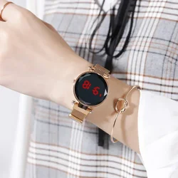 Fashion Starry Sky Ladies Watch Casual Round LED Touch Screen Magnet Watch Rose Gold Milanese Strap Student Watch