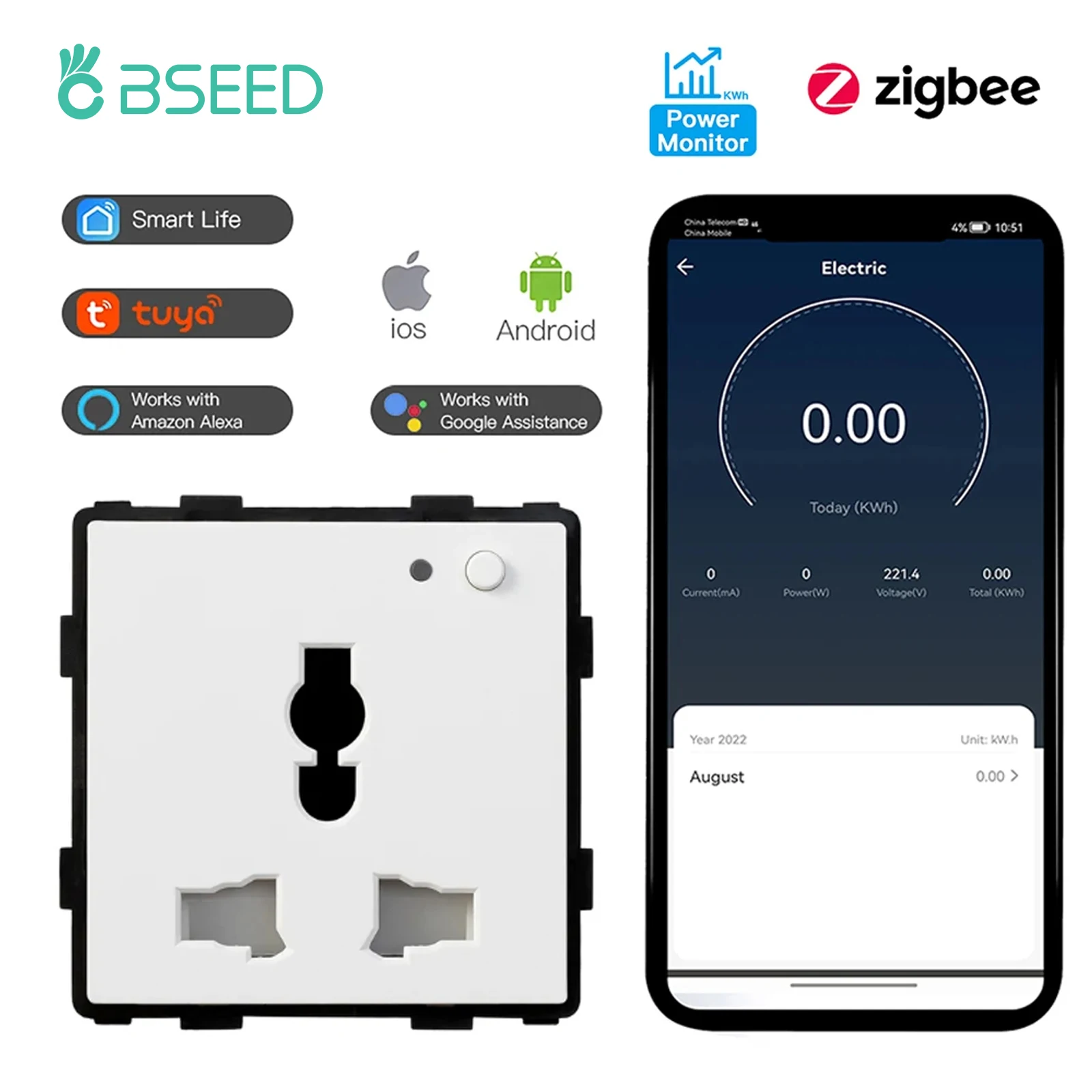 BSEED Zigbee Multi-Function Socket Module Smart Universal Socket Part With Power Monitor Support Tuya Google Alexa Control