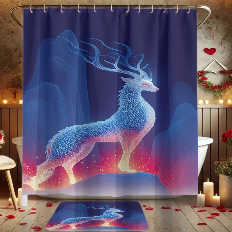 4pcs Fantasy Beast Star Print Shower Curtain Set, Decorative Bathroom Set Includes Shower Curtain, Non-Slip Floor Mat, Toilet