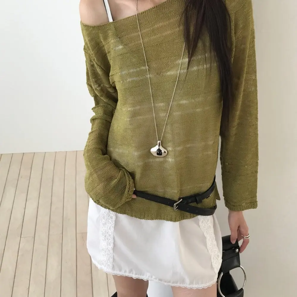 Korean Style Ins Hollow out Knitwear Women's Micro Transparent Long Sleeve One Shoulder Design Slimming Sunshade Shirt