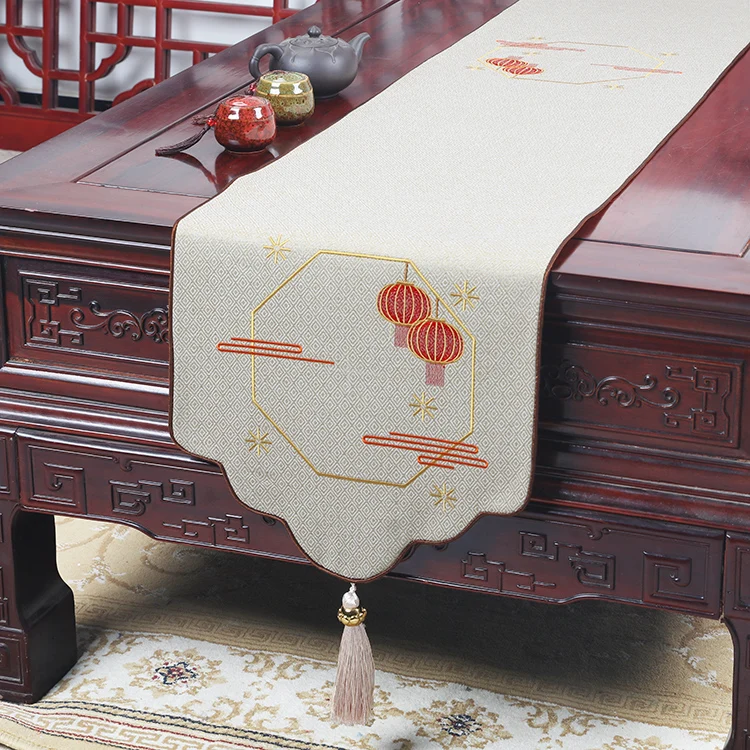 Custom Waterproof Fine Embroidery Lantern Table Runners, Chinese Style Tea Coffee Tablecloths, Protective Dust Covers