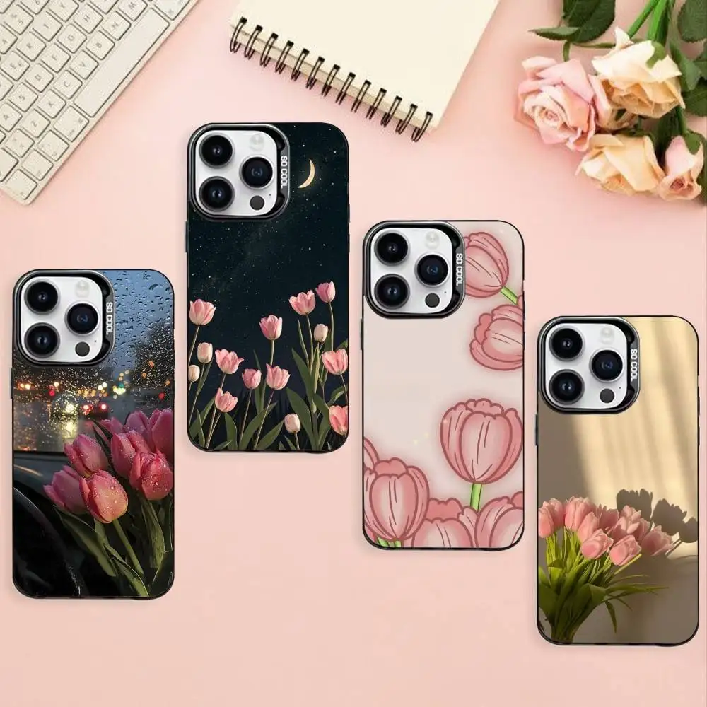 

Tulip Phone Case For iPhone17,16,15,14,13,12,11 Plus,Pro Max Black Border Silver Plated Cover
