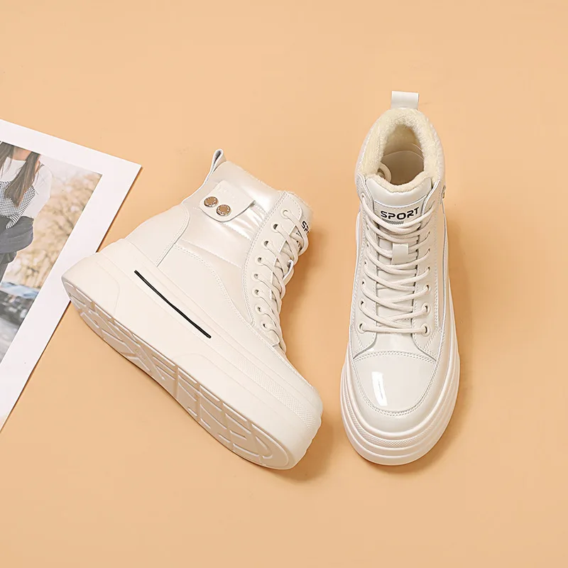 Fujin 8cm Genuine Lesther Autumn Winter Motorcy Ankle Boots Cross Tied Keep Warm Thick Bottom Lace Up Comfy Plush Spring Shoes